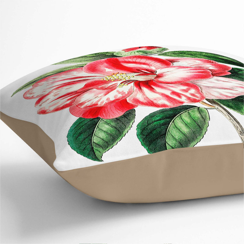 Pink Japanese Camellia Flowers Cushion with Filling, 40cm H x 40cm W x 15cm D, Stone