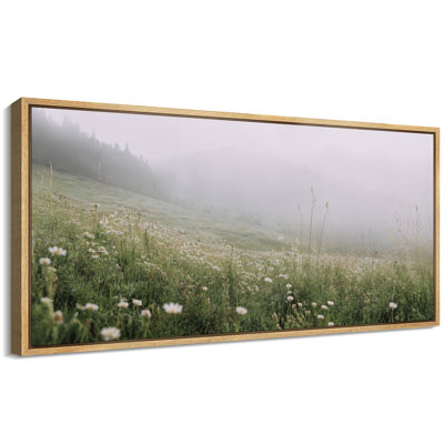 Misty Wildflower Meadow Foggy Green Landscape Wall Decor - Large Framed Canvas Master Bedroom Wall Art Print