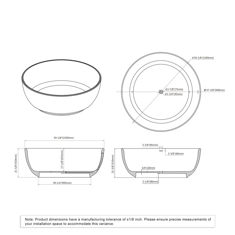 59" Freestanding Soaking Solid Surface Bathtub
