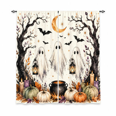 2 pièces de rideaux fantômes d'Halloween, conception d'aquarelle fantaisiste avec citrouilles, chauves-souris et lune, filtrant la lumière pour le salon, la chambre à coucher, le balcon et la cuisine