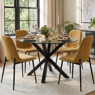Ensemble de table de salle à manger pour 4 personnes avec table ronde en verre et 4 chaises rembourrées en chenille