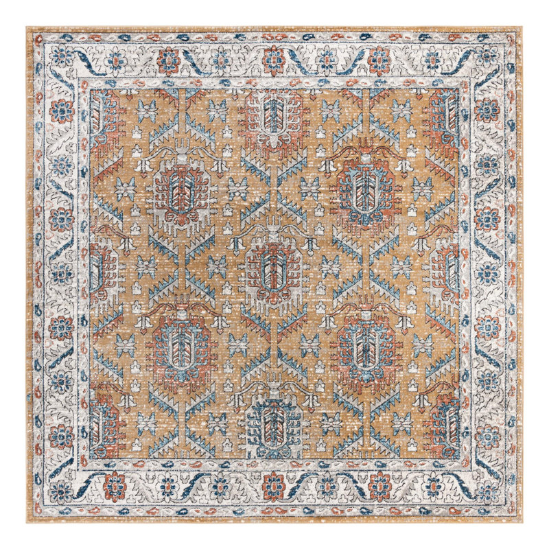 Weingartner Performance Mustard Yellow/Ivory/Blue Rug, Square 10'