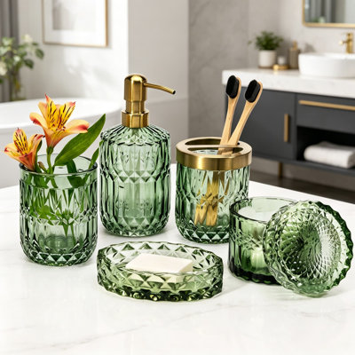 Ensemble d'accessoires de salle de bain, organisateur en verre de 6 pièces comprenant un distributeur de savon, un porte-brosse à dents, un porte-savon, un gobelet, un pot de coton-tige, un décor en cristal moderne pour le comptoir