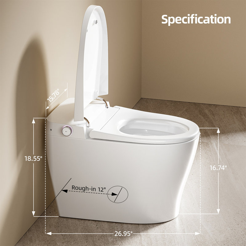 Smart Toilet with Built-in Tank and Pump - Bidet Toilet Combo with Side Knob Control, Heated Seat, Instant Warm Water Wash, Warm Air Dryer, 1.06 GPF One-Piece Toilet for Low Water Pressure