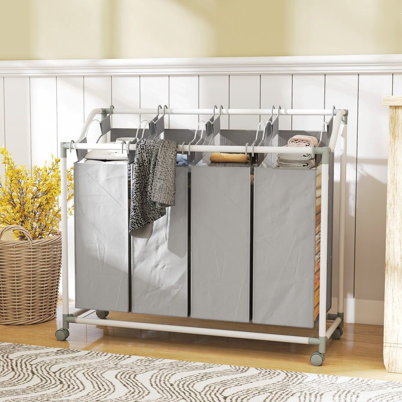 Panier à linge avec roulettes, panier à linge 160 L avec 4 sacs, gris