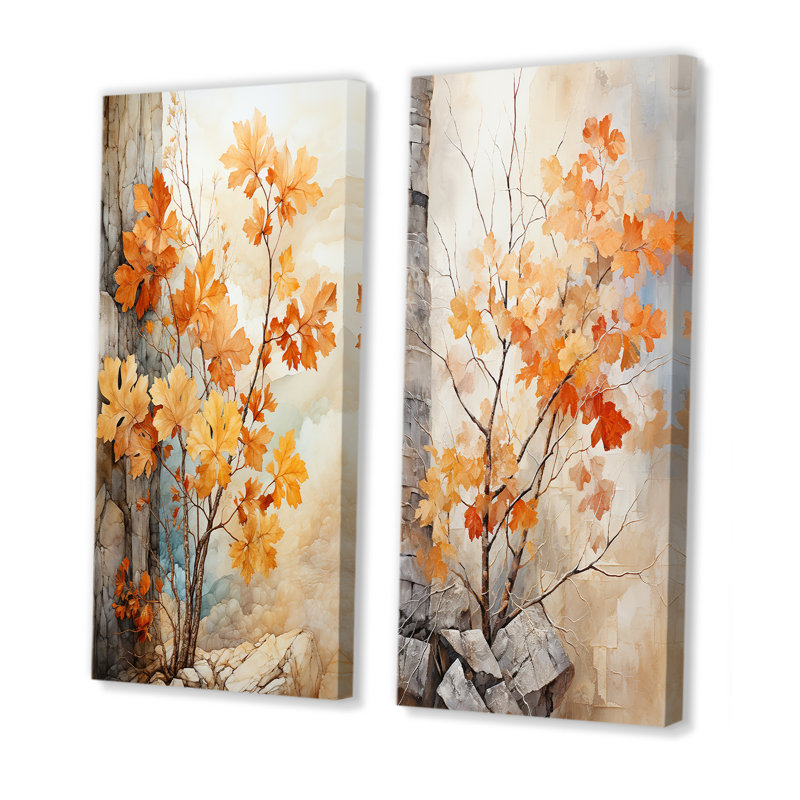 Abstract Foliage Peach Maple Tree - Tree Maple Canvas Prints Set Of 2, 28" H x 25" W, Wrapped Canvas