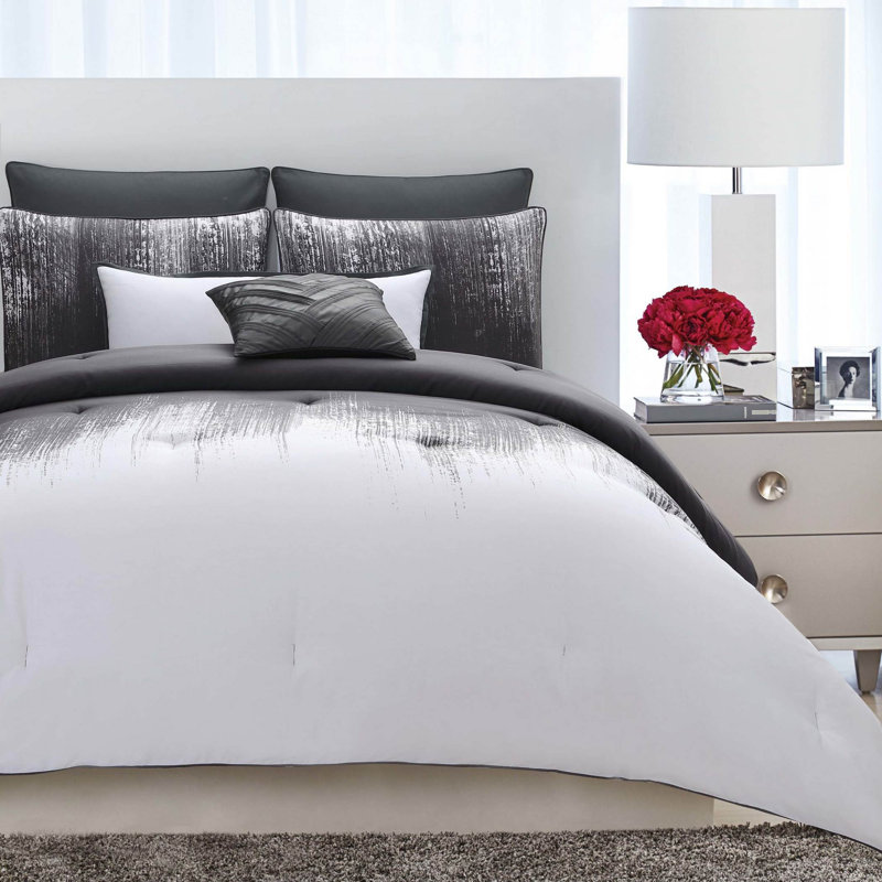 Ensemble d'édredon Vince Camuto Lyon Gris, Édredon pour lit simple TG + 1 taie décorative