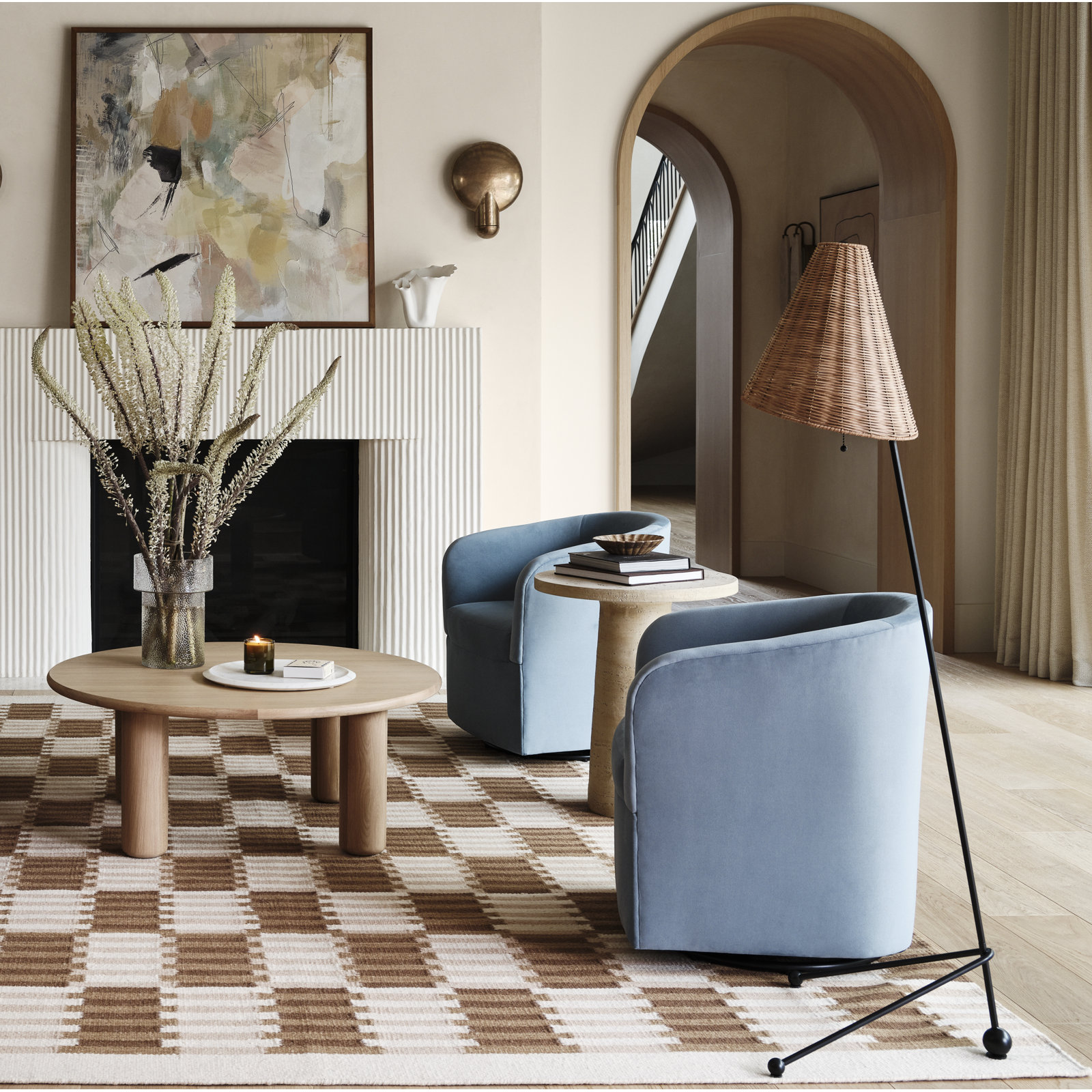 Lesia Upholstered Swivel Barrel Chair, Classic Ocean Velvet