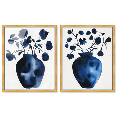 «Flowing Indigos Duo», ensemble de décorations murales imprimées en acrylique encadrées par Art Remedy, cadre doré, 36 x 45