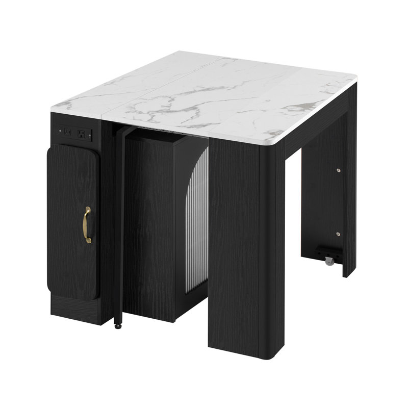 Extendable Dining Table With Removable Leaves Storage Cabinet, Faux Marble, Black