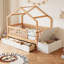 Lit pour tout-petits avec tiroirs de rangement et commode à plateau relevable, lit en bois avec barrières de sécurité et barrière, structure de lit de jeu pour enfants, compatible avec les matelas standard pour tout-petits américains, bois naturel et blanc