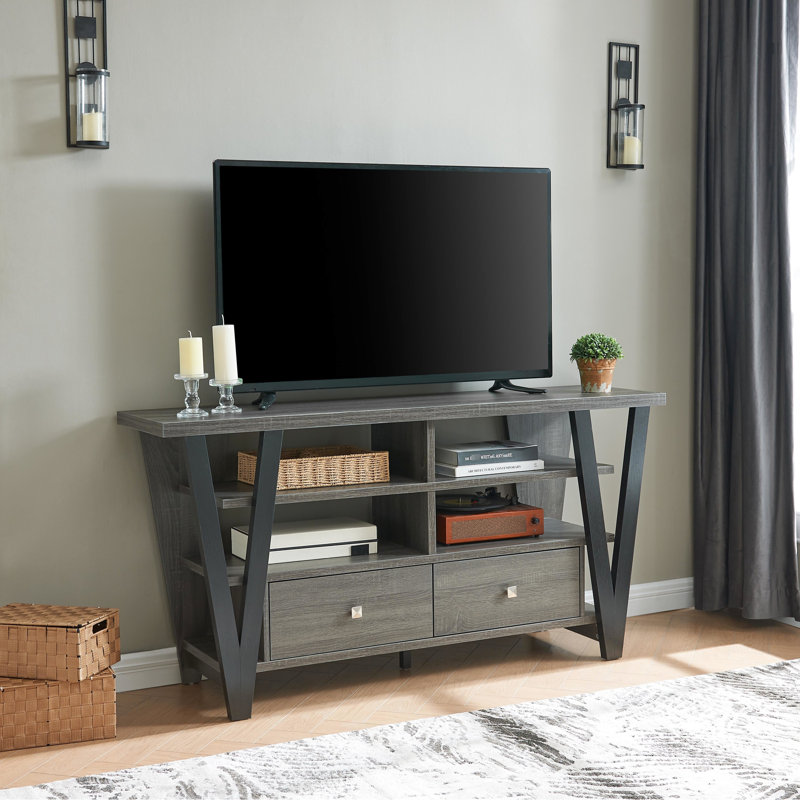 Meuble télé haut avec 2 tiroirs et tablette, gris/noir, tablettes sur pied grises et noires de 60 à 69 pouces, tressage