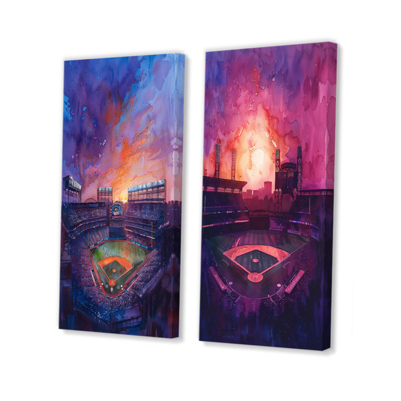 Ensemble de 2 pièces d'art mauve et orange avec baseball Stadium At Night I - Stades, H 32 po x l 32 po, Ne s'applique pas
