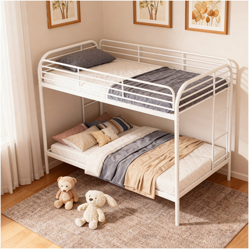 Lit superposé en métal simple au-dessus de simple, lits superposés robustes avec 2 échelles et garde-corps pleine longueur, aucun sommier requis, assemblage facile, blanc