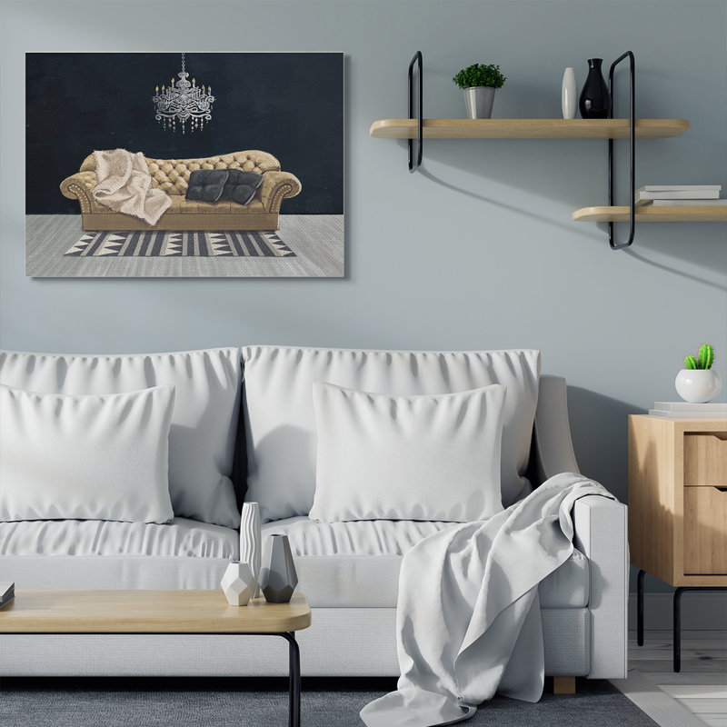 «Modern Living Room Interior Design Blue Gold», impression, Toile tendue, H 36 po x l 48 po