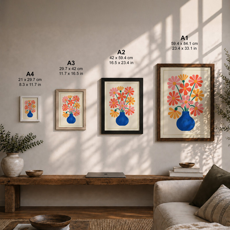 Blooms in Cobalt Mid-Century - Framed Print, A2 - 59.4 x 42.0 cm, Oak