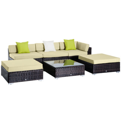 6 Piece Brown Rattan Effect Garden Corner Sofa Set with Footstools, Cushions and Tempered Glass Coffee Table