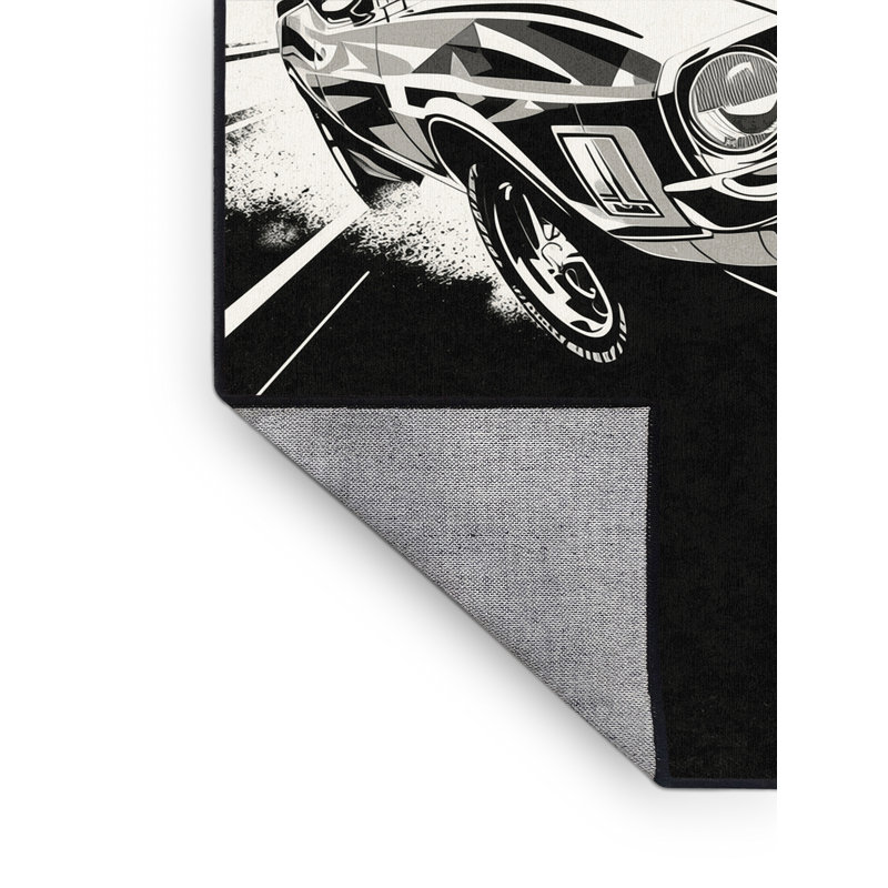 Machine Washable Eldred Classic American Muscle Car Retro Geometric Rug in Gray – Black Binding, 2x5