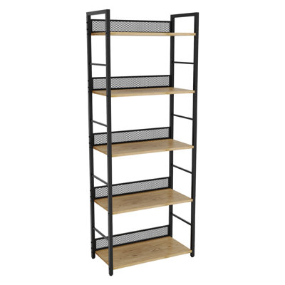 61 inch Black Tall Narrow 5 Tier Industrial Bookshelf Metal Wood Frame Standing Display Bookcase for Home Office