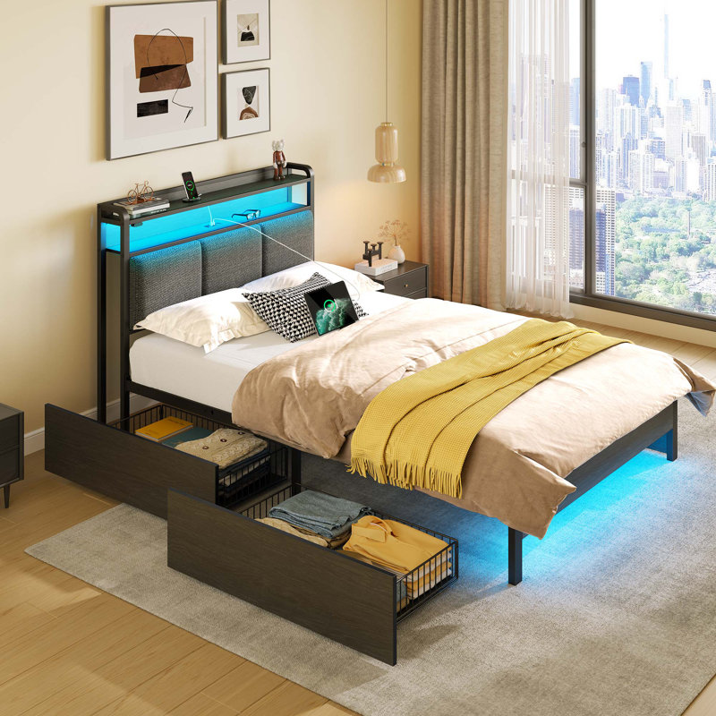 Bed with Headboard and Power Outlets, Upholstered bed with 4 Drawers and RGB LED Lights, Twin/Single, Gray