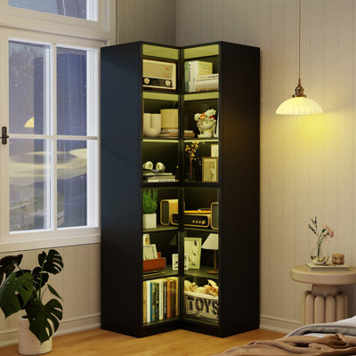 Corner Display Cabinet with Glass Doors, 79" Lighted Curio Display Case with 7 Color Lights for Collectibles for Living Room by Latitude Run