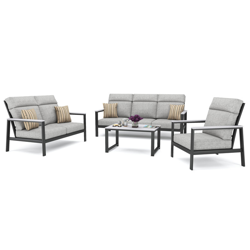 Ensemble de conversation pour 4 personnes avec coussins Sunbrella Syren, Toile granit, Gris foncé / Blanc