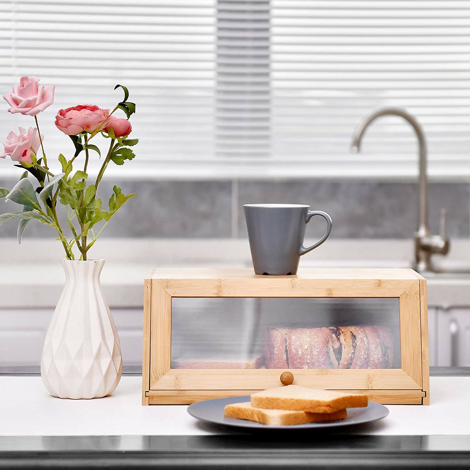 Farmhouse Bamboo Bread Box with Frosted Glass Window - Extra Large Capacity
