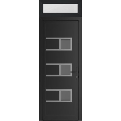 Porte d'entrée extérieure prémontée en PVC-U métal-plastique Manux 8933, noir mat, avec imposte et panneau latéral supérieur. Convient aux bureaux, aux commerces et aux habitations. Parfait pour l'entrée, les patios et les garages. Dimensions : 91,4 cm x 238,9 cm (L 91,4 cm x H 203,2 cm + 35,6 cm). Ouverture à gauche vers l'intérieur.