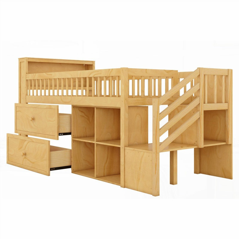 Lit mezzanine simple avec DEL et amp; Escaliers, bois massif, aucun sommier nécessaire