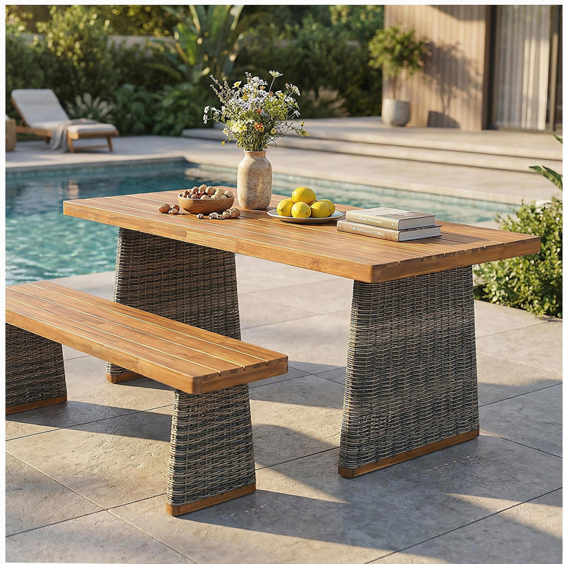 Ensemble de table de salle à manger d'extérieur en bois d'acacia avec 1 table et 1 banc, gris, Gris / teck