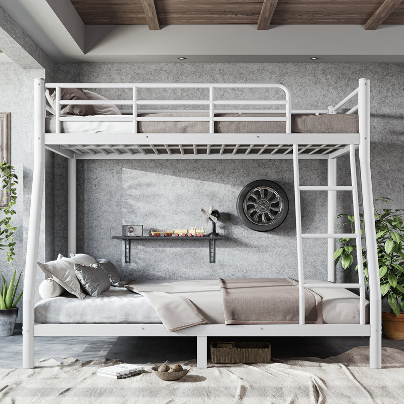 Metal Bunk Bed with Guardrails and Slats, Jumeaux sur complet, White