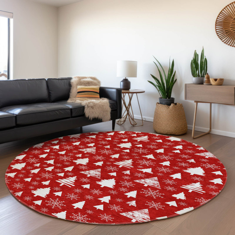 Machine Washable Indoor/Outdoor Christmas Tree Xhevrie Red Rug, Round 8'