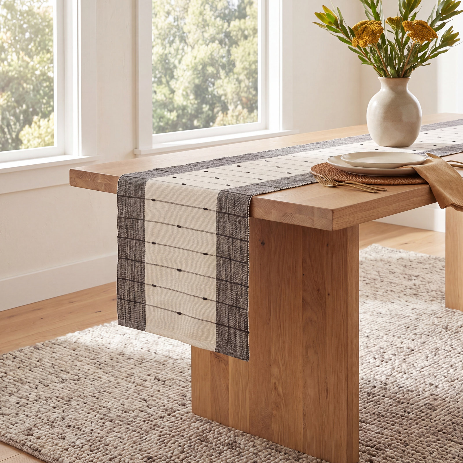 Almazan 72" Cotton Table Runner, Black/White/Gray