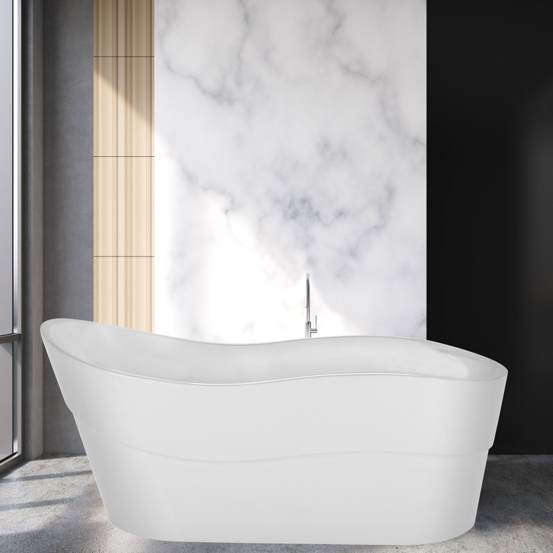 67" X 31" Freestanding Soaking Acrylic Bathtub, In White, With Polished Chrome Overflow And Drain