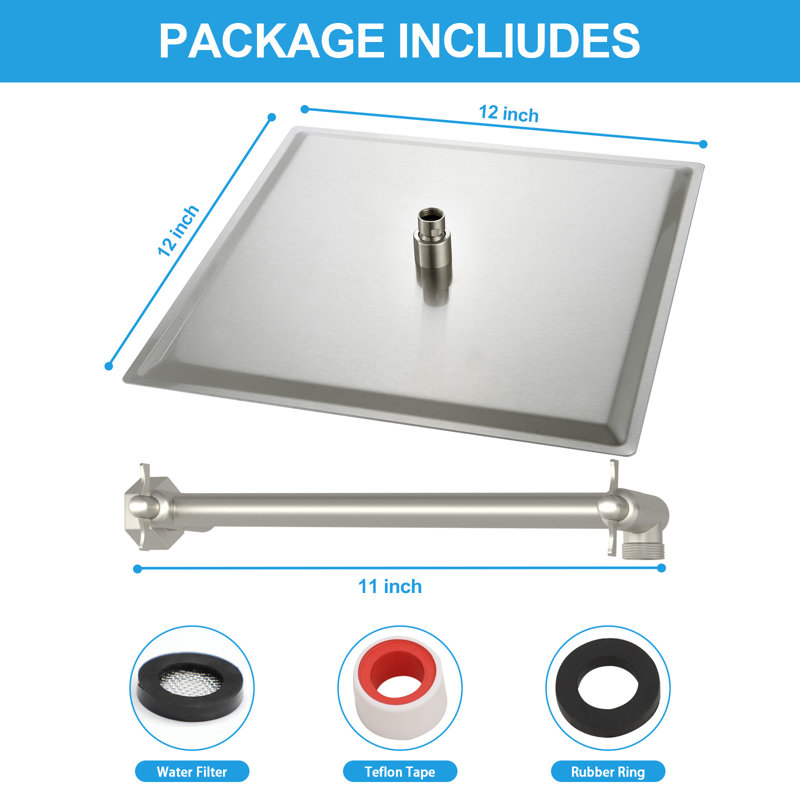 12 Inches High Pressure Stainless Steel Rainfall Shower Head With 11'' Adjustable Arm