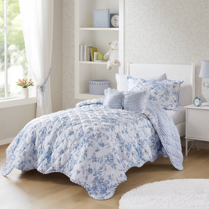 Modern Bedding Sets, Soft Polyester Twin Quilt, Blue Floral Home Comfort