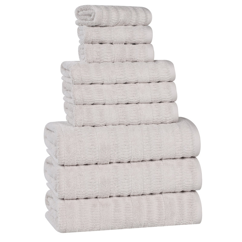 Mika Smart Twist Viscose Cotton Blend Medium Weight Solid Textured Ribbed 9 Piece Towel Set, Silver