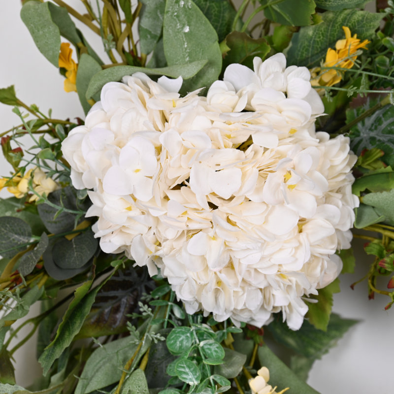 Couronne d'hortensia fabriquée à la main 24 po pour porte d'entrée, Blanc / vert