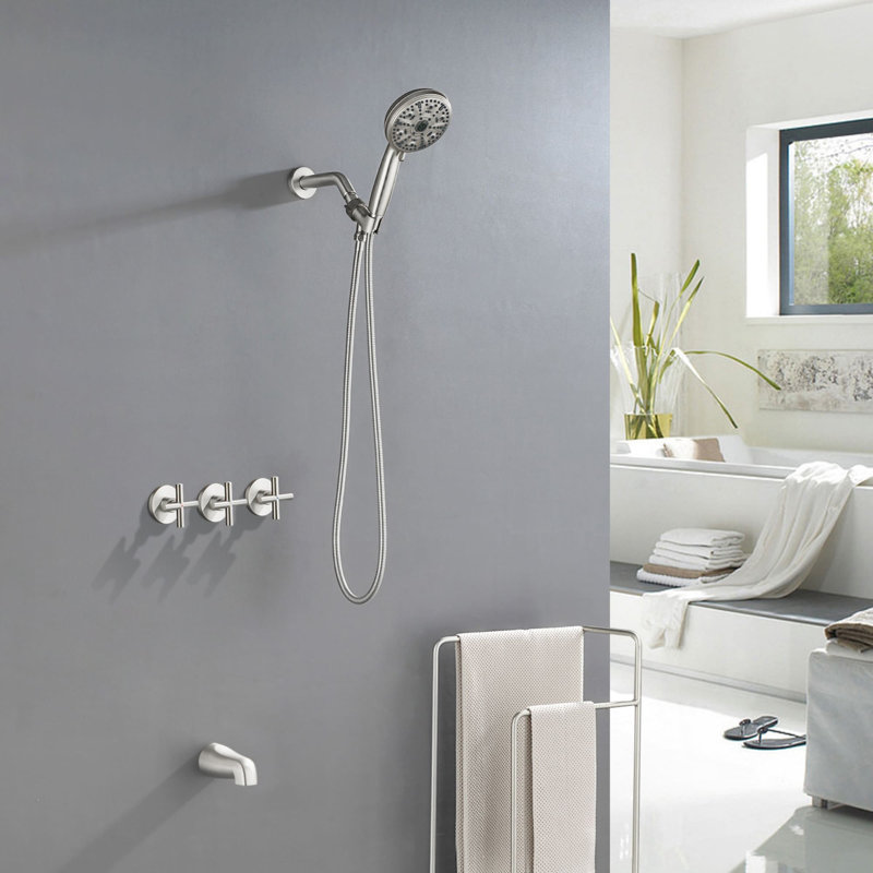 Wall Mount Tub Shower System 3 Handle Shower Faucet Set 10 Spray Brass Shower Trim Kit With Rough-In Valve, Brushed Nickel