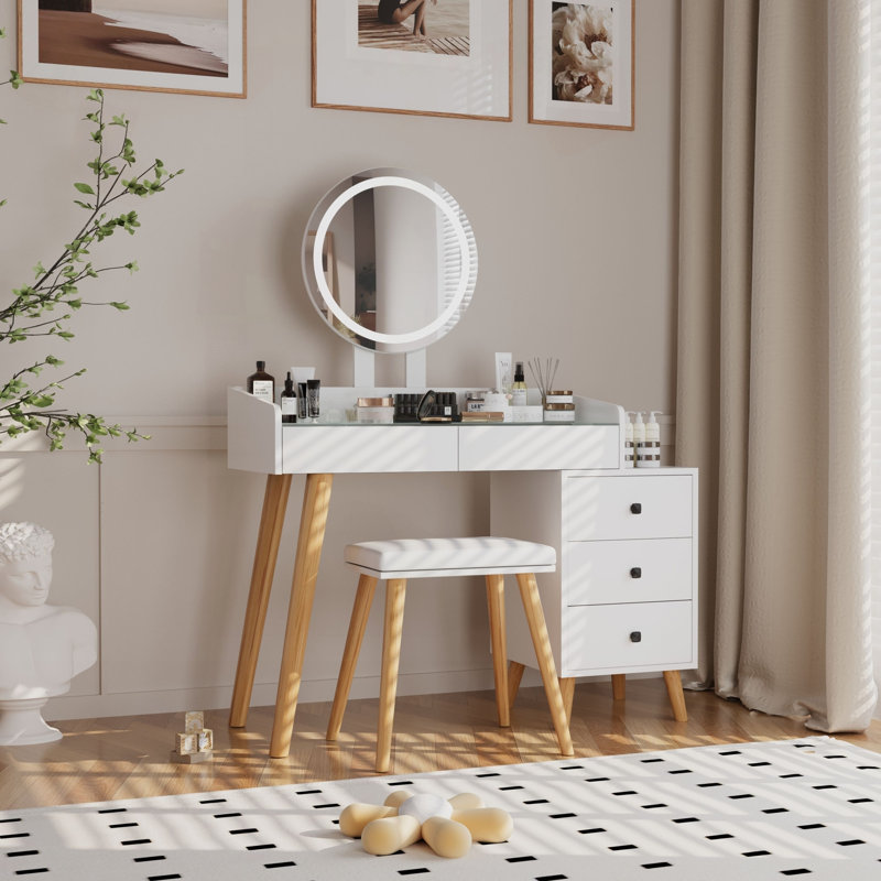 Dressing Table with LED Lights, Glass Top, and Extendable Side Table
