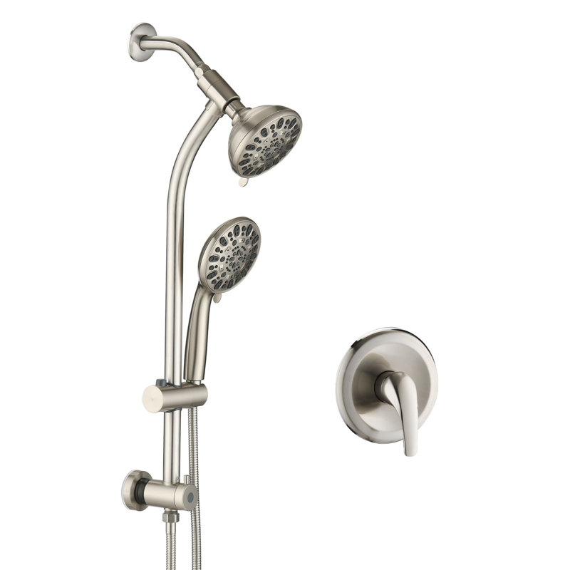Exposed Pipe Shower System With Hand Shower 5 Inch Wall Mounted Shower Faucet Set Single Handle Stainless Steel Rainfall Shower Trim Kit With Rough-In Valve