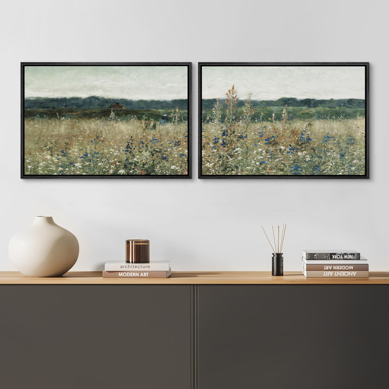 Rustic Countryside Green Wildflower Whisper Blooming Fields Rustic French Country 2 - Pièces, H 16 po x l 24 po, Cadre noir