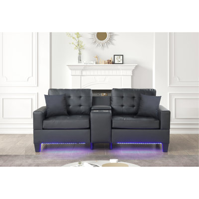 Canapé en cuir PU noir de 85 po avec lumières DEL, chargeur USB, console de rangement, porte-gobelets et coussins touffetés Gemma