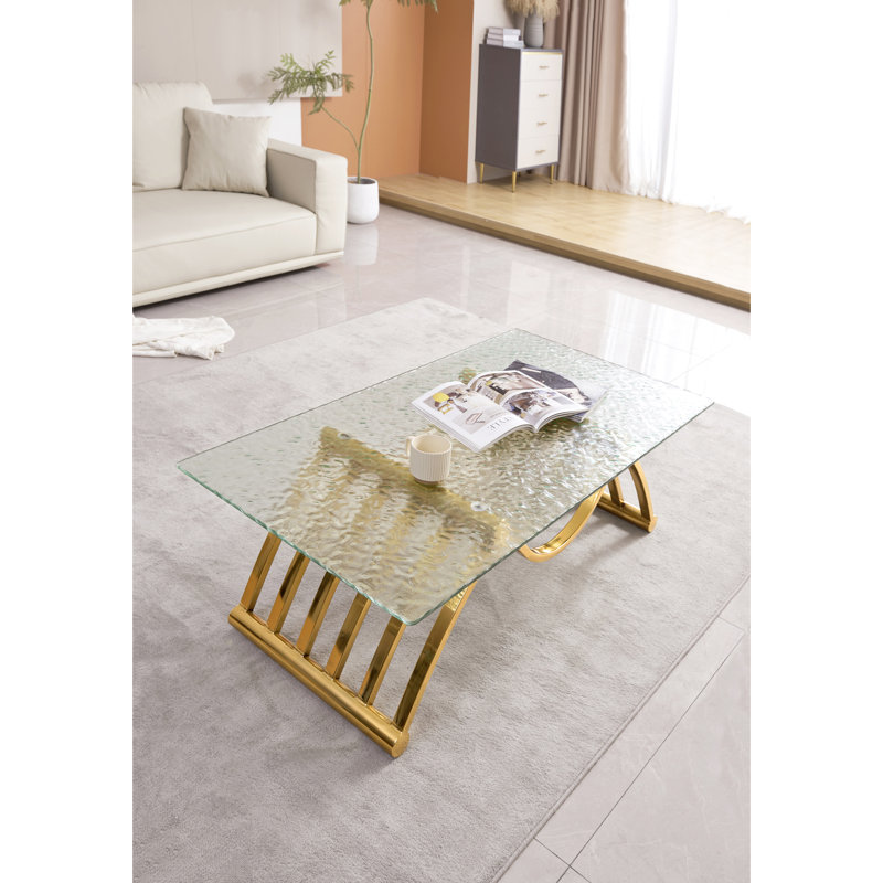 Table basse moderne moderne dorée de 47 po, structure en acier inoxydable avec verre trempé, facile à assembler pour le bureau