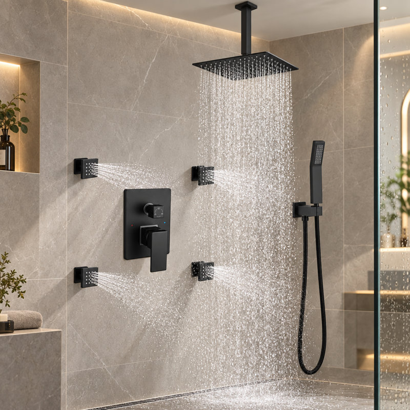 Système de douche à fixation plafond noir mat, pomme de douche carrée effet pluie de 25 cm avec douchette et 4 jets corporels, robinetterie à pression équilibrée incluse, ensemble de robinetterie de douche de luxe pour salle de bain
