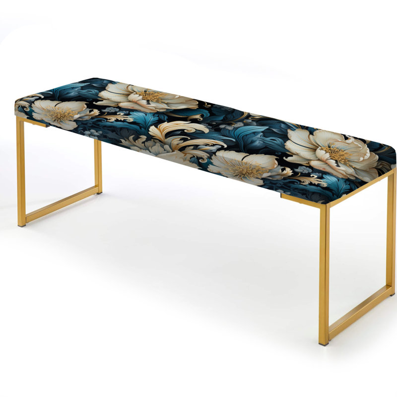 Blue And White Paisley Dynasty Flowers - Damask Upholstered Gold Bench