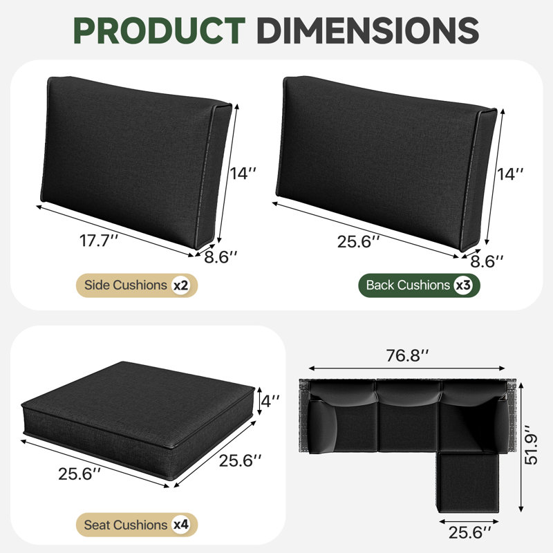 9-pcs 4" Thick Patio Cushion Covers – Water-repellent Replacements For 4-seat Sectional Sofa, Black