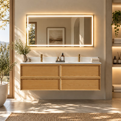60" Wall‑Mounted Floating Double Bathroom Vanity, Plywood Engineered Wood Veneer Cabinet, White Solid‑Surface Integrated Double Sink, 4 Soft‑Close Storage Drawers