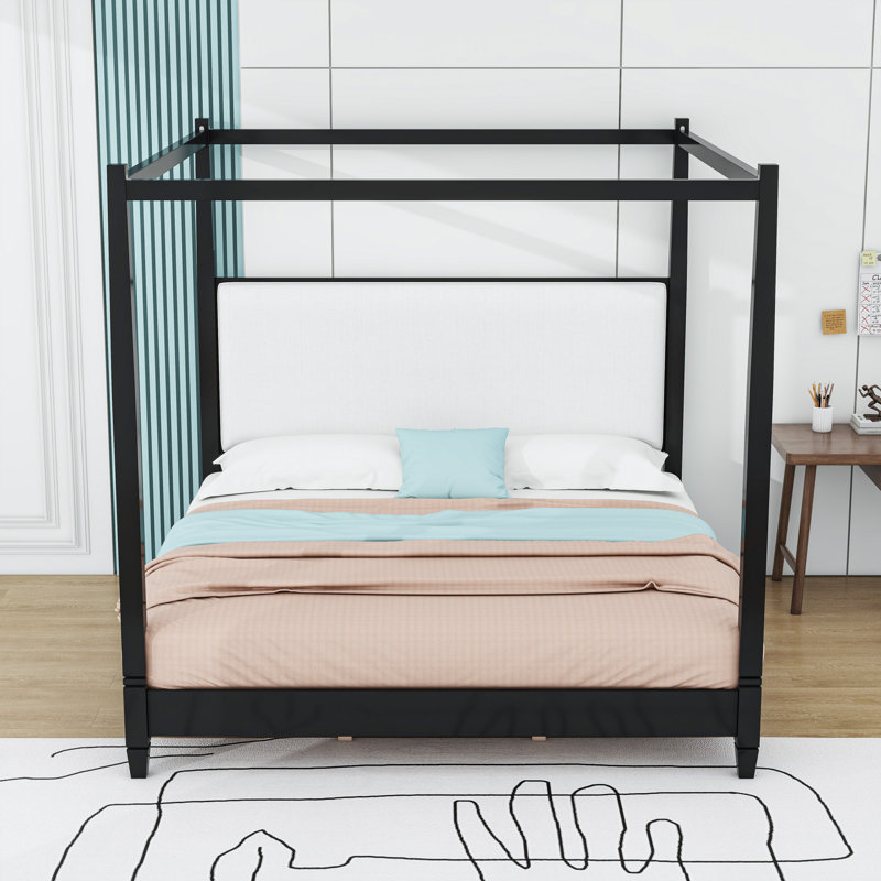 Canopy Bed with Upholstered Headboard, Noir, Très grand lit