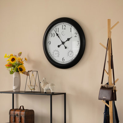 Almut 24 pouces grande horloge murale extérieure thermomètre combo, hygromètre imperméable à l'eau silencieuse horloges à batterie décoratives décoratives maison de campagne résistant aux intempéries jardin station météo maîtresse pour la mai